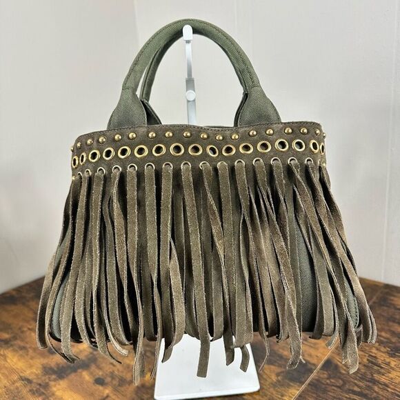 Prada Canapa Fringed Tote Bag Olive Green - Picture 2 of 16